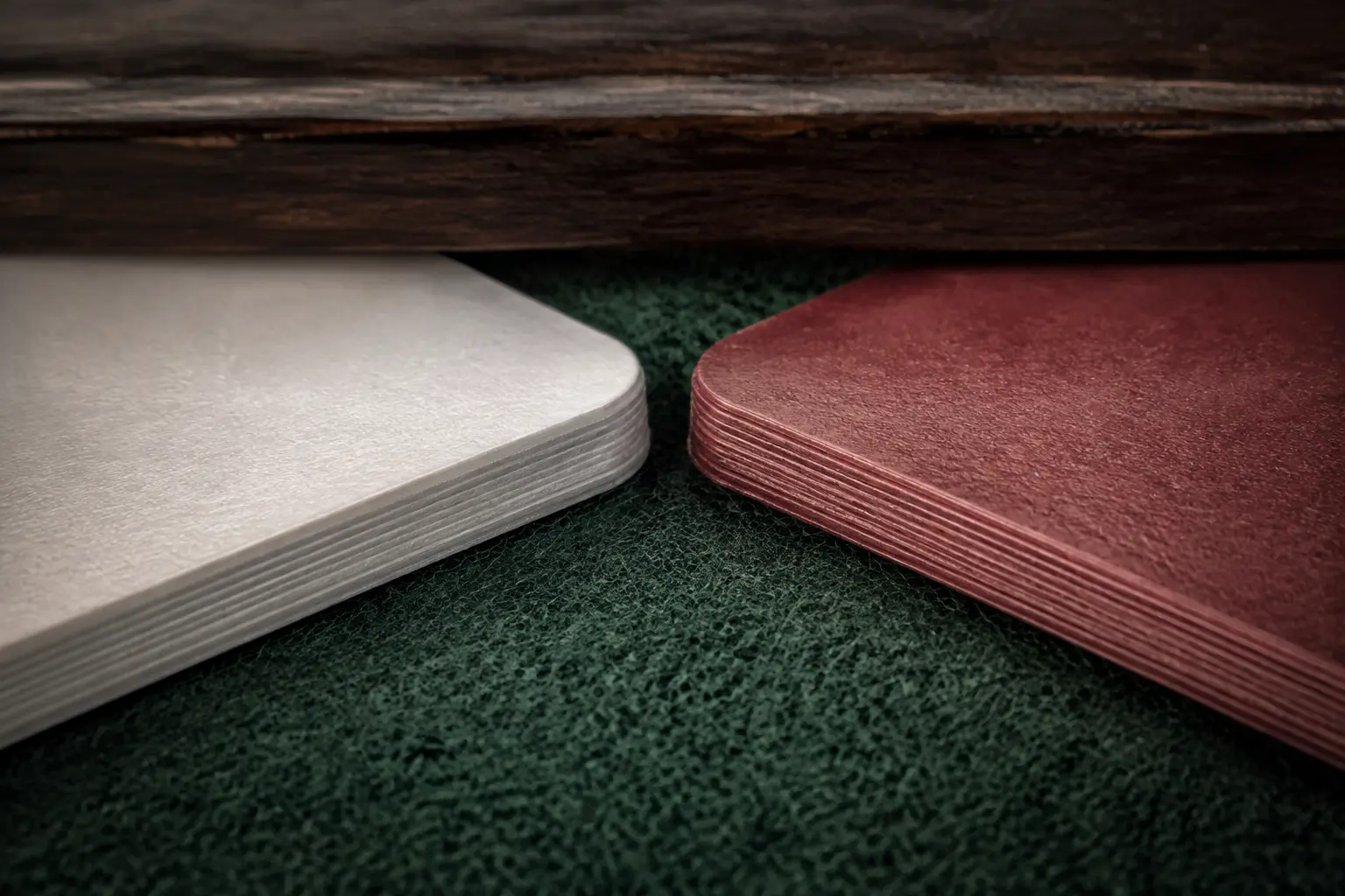Two tactile blank card edges meeting at a precise decision point on green felt