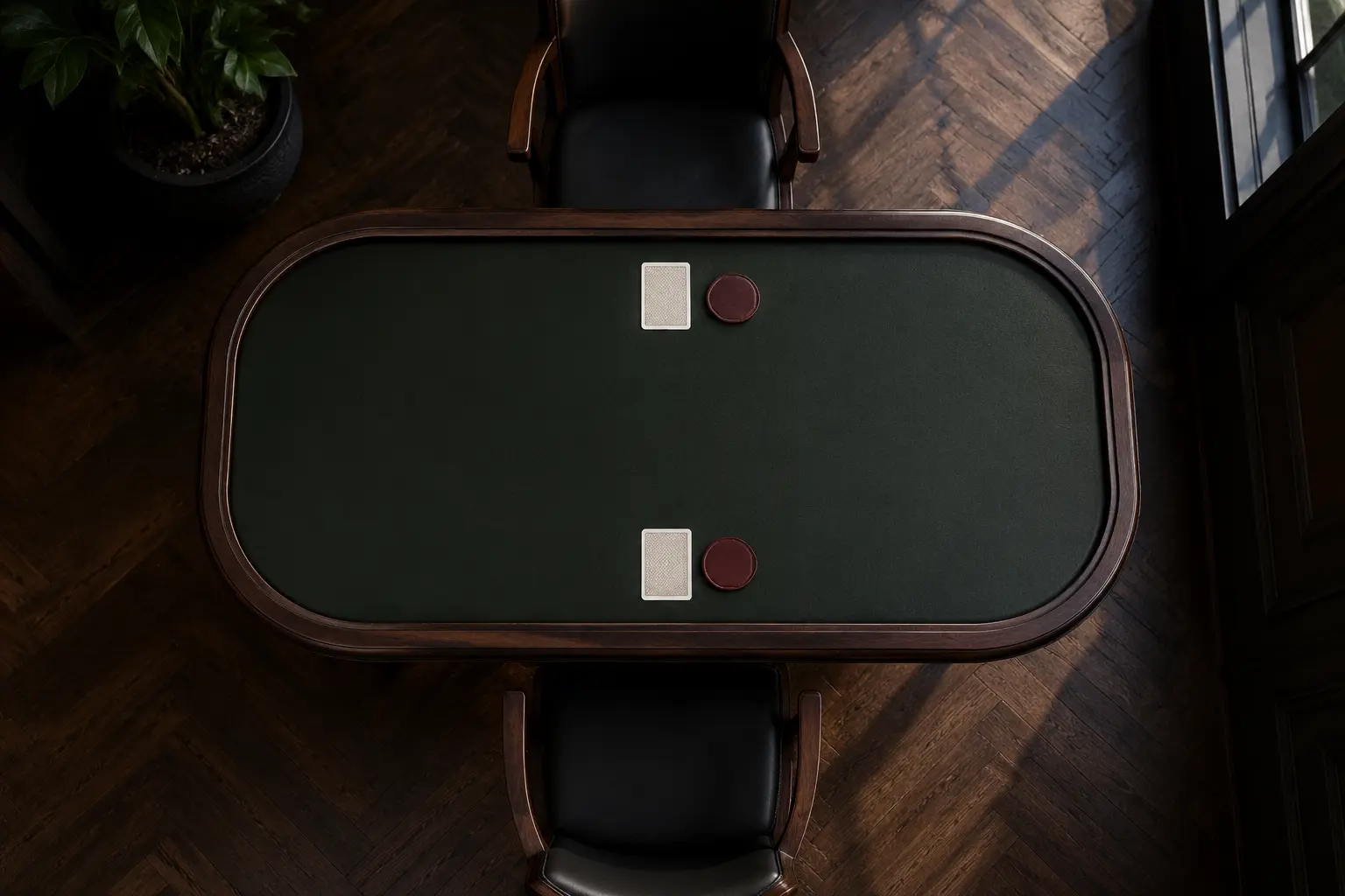 Two empty strategy stations, each with one face-down card and one oxblood marker